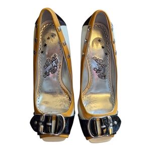 Naughty Monkey Black and Tan Open Toe Heels With Cute Buckle Size 7.5